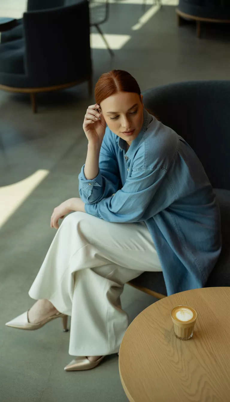 A beautiful woman in an oversized blue denim shirt and wide-leg white trousers, she adjusts her hair in a modern cafe setting with concrete floors and dark furniture.