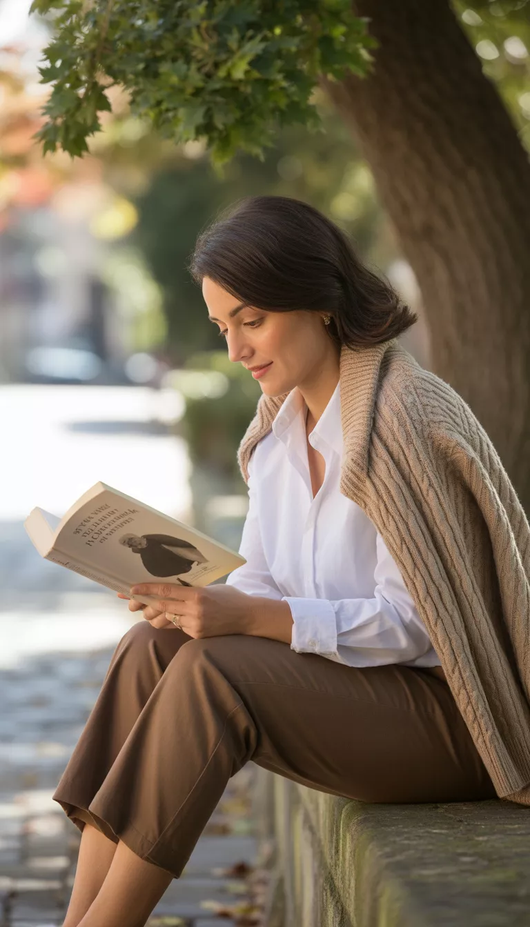 A beautiful woman in a white collared shirt with a beige sweater draped over her shoulders and brown cropped pants, she sits on a curb reading a book.