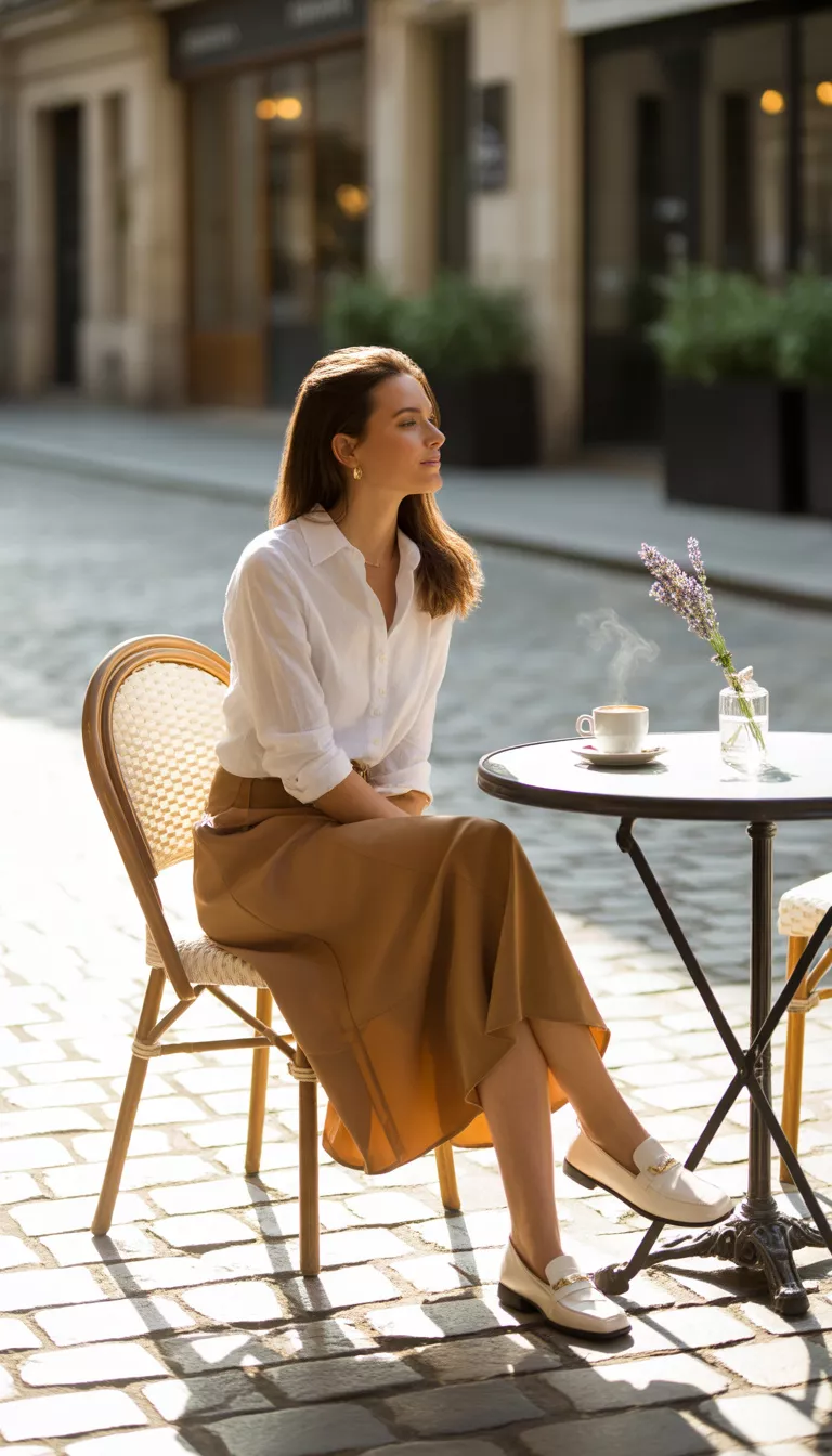 A beautiful woman in a white button-down shirt tucked into a flowing caramel-brown midi skirt and white loafers, she sits outdoors at a bistro table.