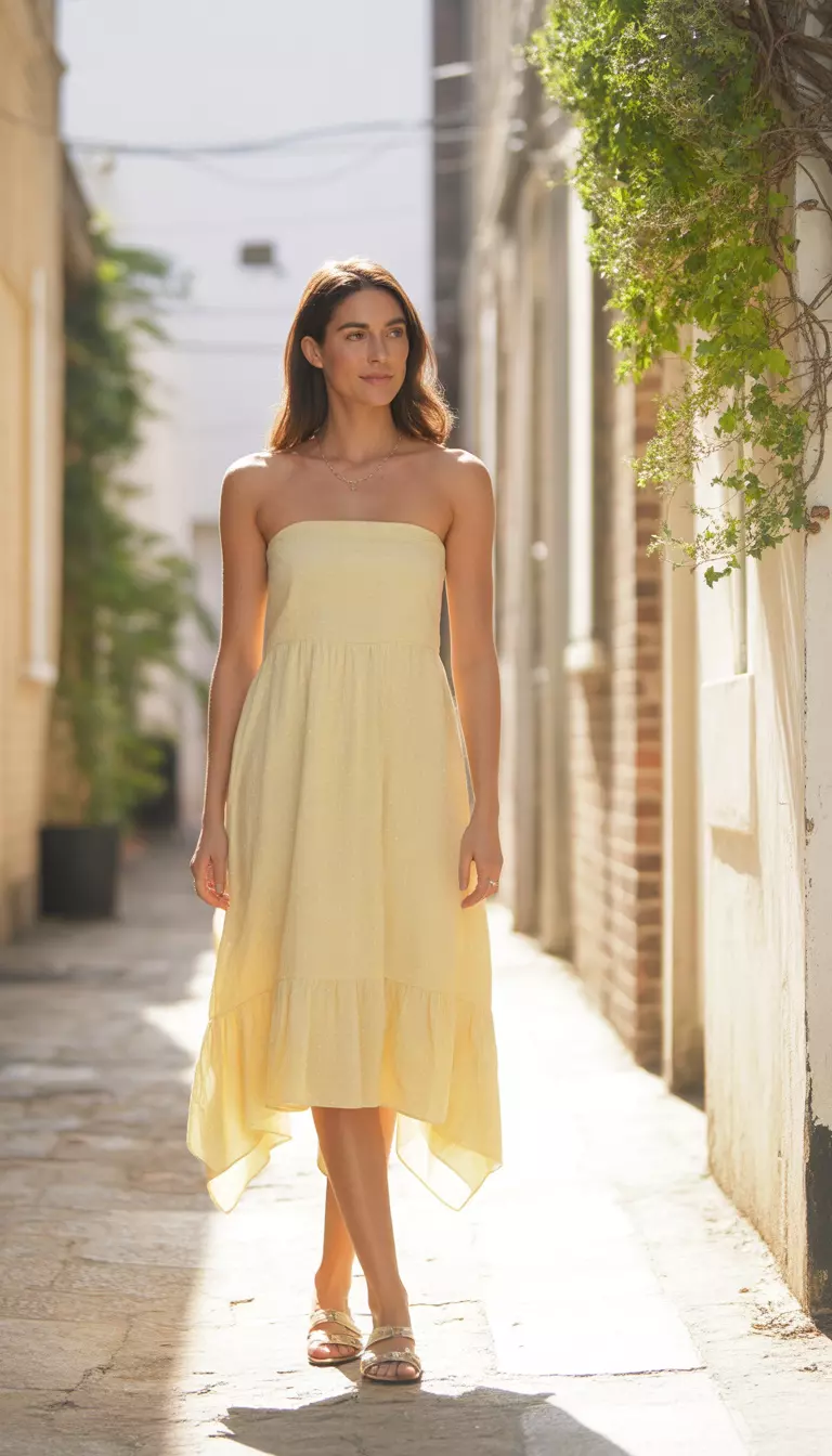 A realistic photo of a woman in a pale yellow strapless midi dress with a handkerchief hem and brown flat sandals in a sunny alleyway.