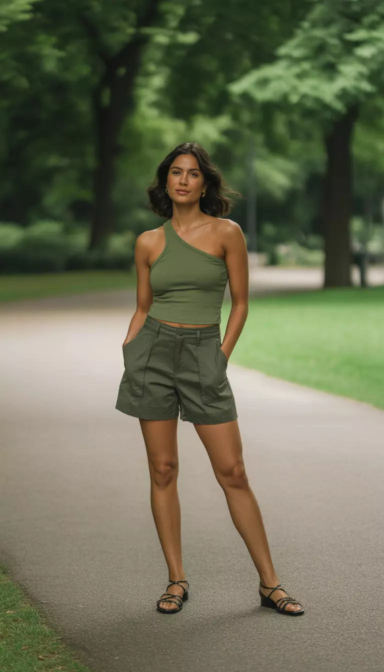 A realistic photo of a woman in an olive green one-shoulder asymmetric tank top, olive utility shorts, and black strappy flat sandals.