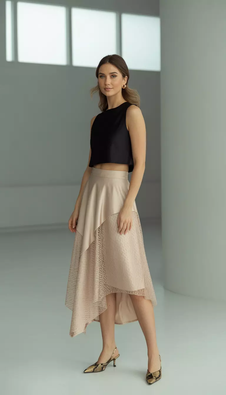 A realistic photo of a woman in a black sleeveless cropped top, an asymmetrical champagne-colored midi skirt with lace, and gold snakeskin-print kitten heels.