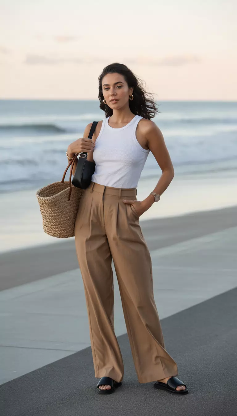 A realistic photo of a woman in a white ribbed tank top, high-waisted tan wide-leg trousers, black slide sandals, a black crossbody bag, and a large straw tote.