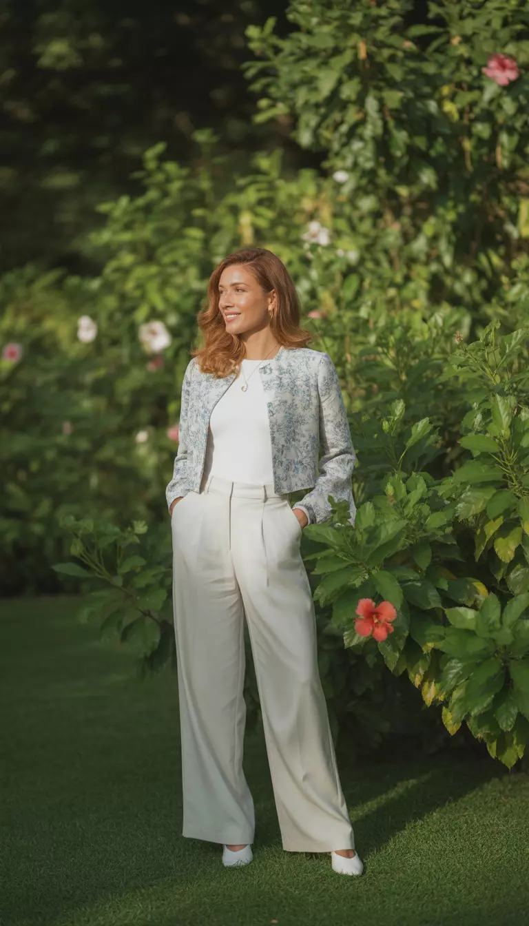 A realistic photo of a woman in a white top, a light blue floral print cropped cardigan, high-waisted white wide-leg trousers, and white shoes.