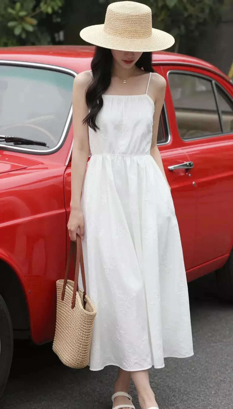 A realistic photo of a woman in a white flowing maxi dress with subtle floral embroidery, a straw hat, and a woven bag next to a red vintage car.