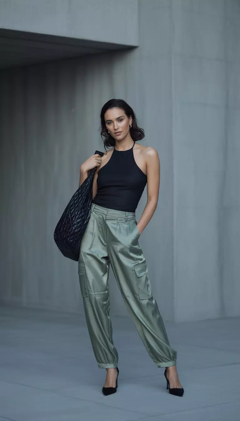 A realistic photo of a woman in a black halter tank top, sage green satin cargo pants, black pointed-toe heels, and a black quilted bag.