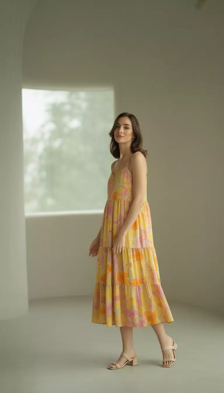 A realistic photo of a woman wearing a vibrant yellow, pink, and orange floral print tiered midi sundress with spaghetti straps and nude low-heeled sandals in a minimalist room.