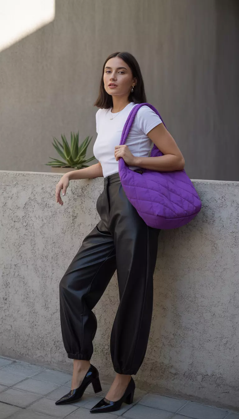 A realistic photo of a woman in a white tight-fitting t-shirt, high-waisted black balloon pants, black pointed shoes, and a purple quilted bag.