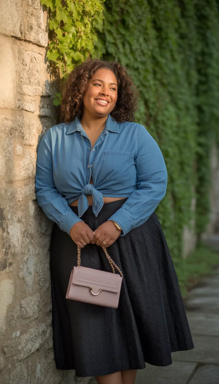 A beautiful curvy woman in a tied denim shirt and a textured black midi skirt, she carries a light pink structured handbag and poses near a stone wall.