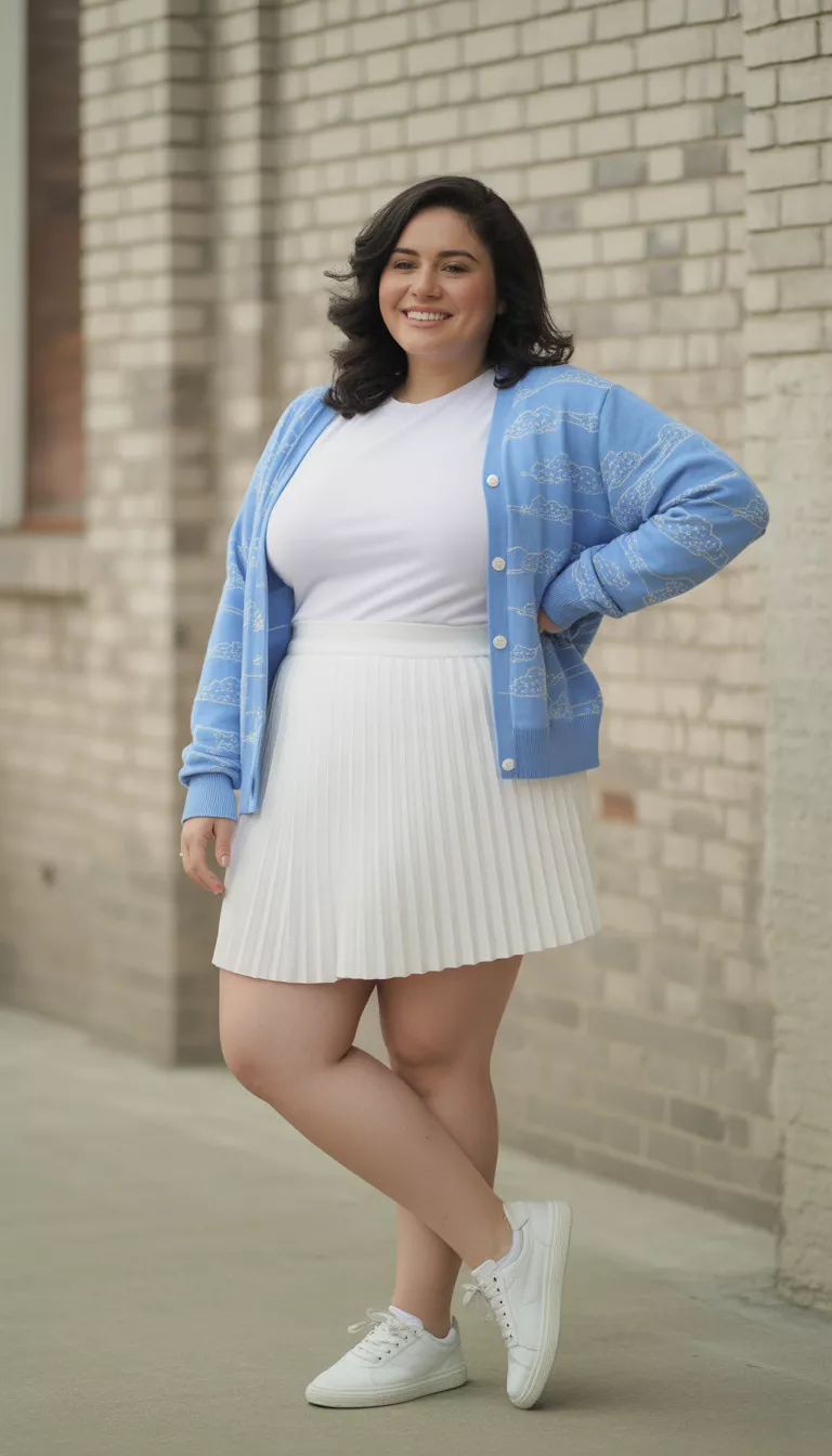 A beautiful curvy woman in a white top, a matching white pleated mini skirt, a light blue cloud-patterned cardigan, and white sneakers, she poses against a brick wall.