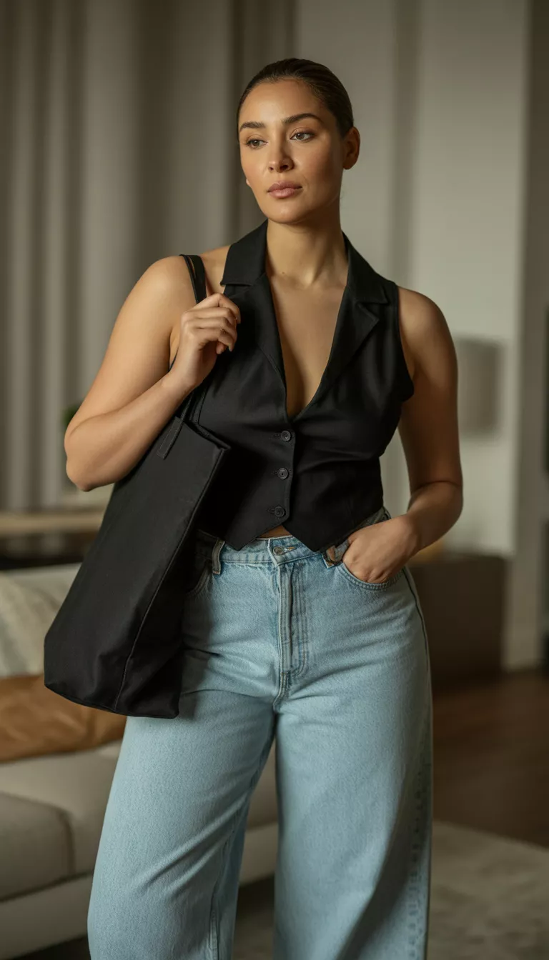 A beautiful curvy woman in a black low-cut collared vest top, light wash wide-leg jeans, and a black tote bag, she poses in an indoor setting.