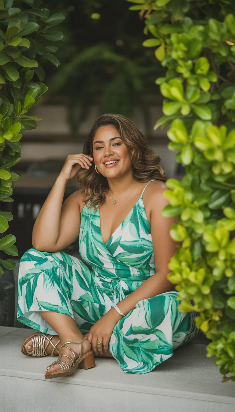 A beautiful curvy woman in a green and white tropical print jumpsuit and brown strappy sandals, she sits outdoors in front of foliage.