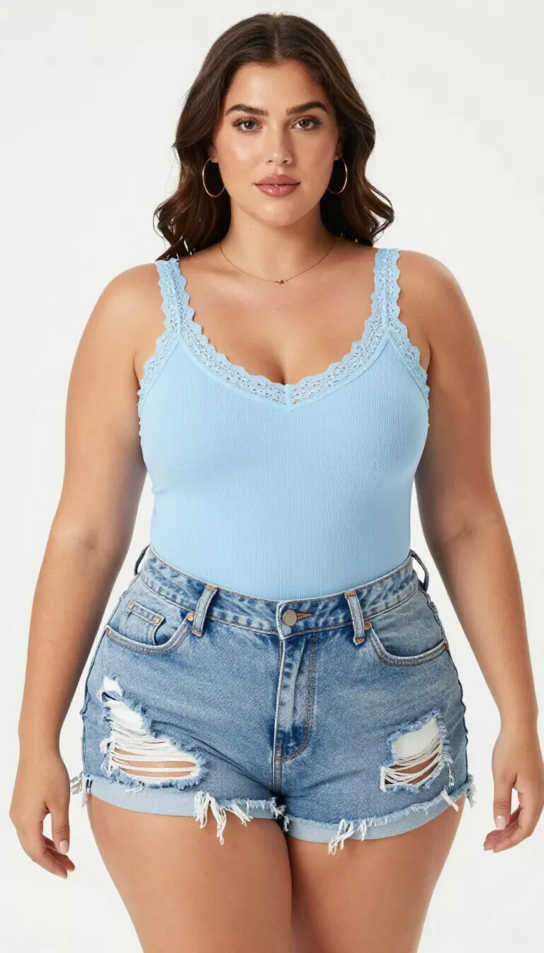 A beautiful curvy woman in a light blue ribbed bodysuit with lace trim and light wash ripped denim cuffed shorts, she poses against a white background.