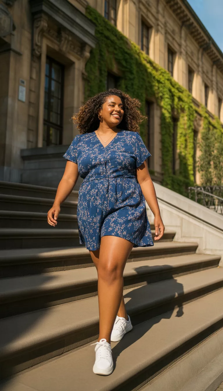 A beautiful curvy woman in a navy blue floral print romper and white sneakers, she walks down stone steps in front of a grand building.