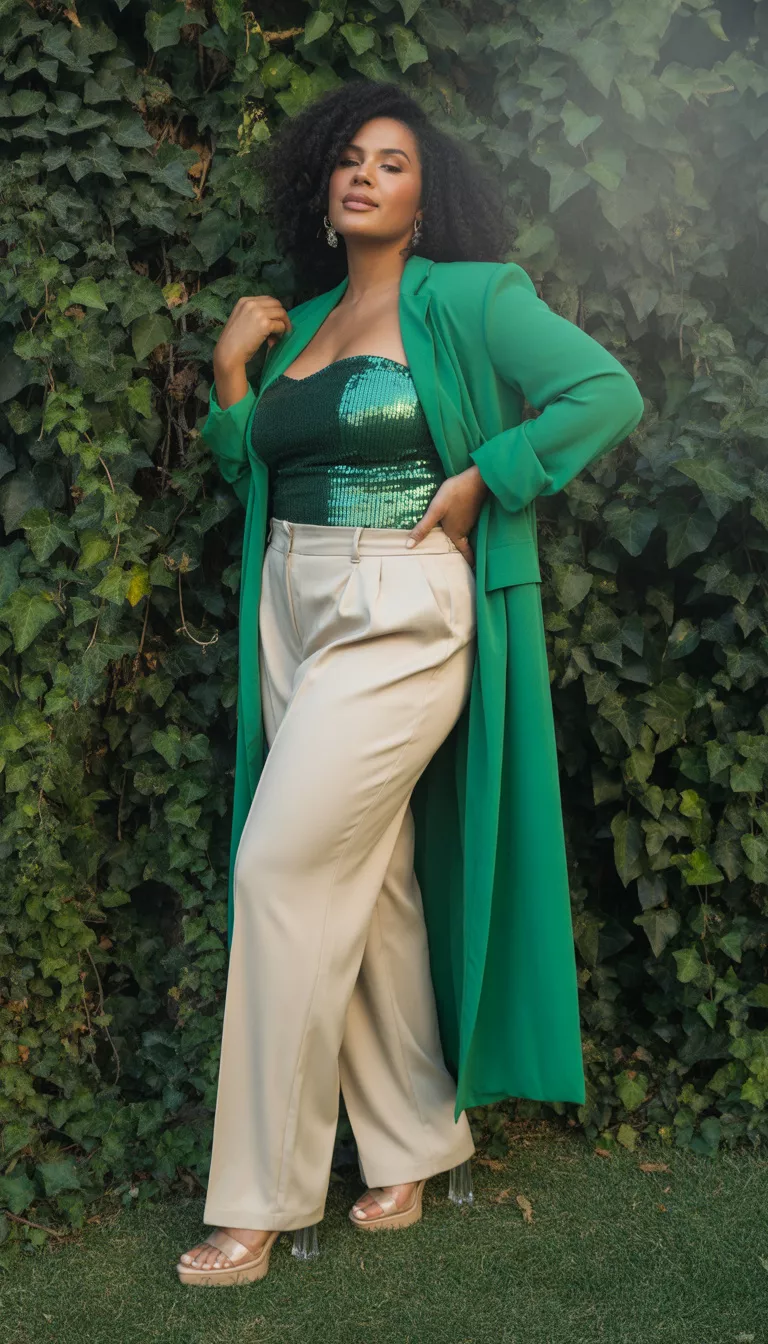 A beautiful curvy woman in cream wide-leg trousers, a green sequined bustier, a matching green long duster coat, and clear platform heels, she poses outdoors.