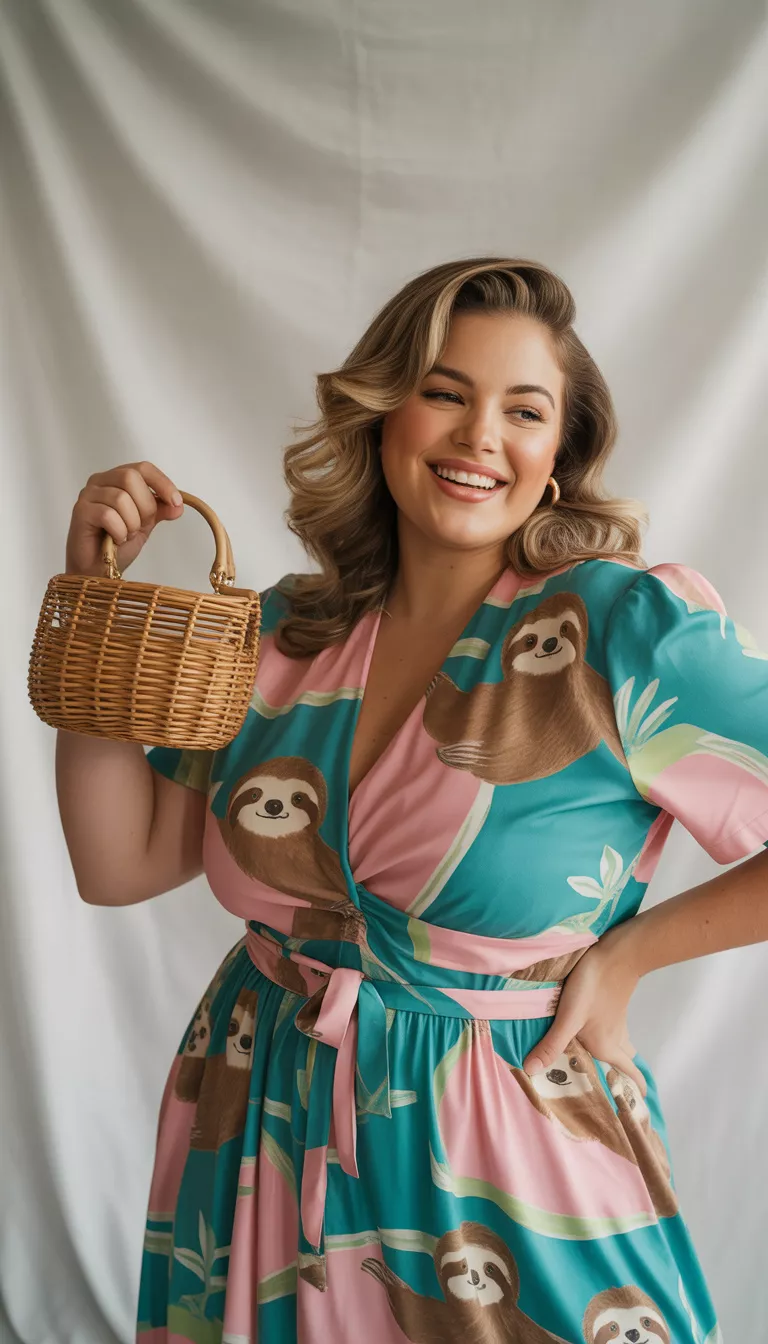 A beautiful curvy woman in a teal and pink sloth-print short-sleeved dress and a woven miniature handbag, she poses in a studio with a white background.