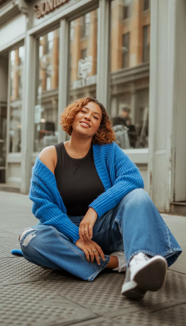 A beautiful curvy woman in a black top, a bright blue knit cardigan, and ripped wide-leg blue jeans, she sits on the pavement near a store.