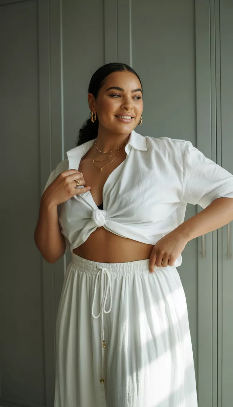 A beautiful curvy woman in a white cropped button-up shirt, a matching white drawstring midi skirt, and gold jewelry, she poses near a closet.