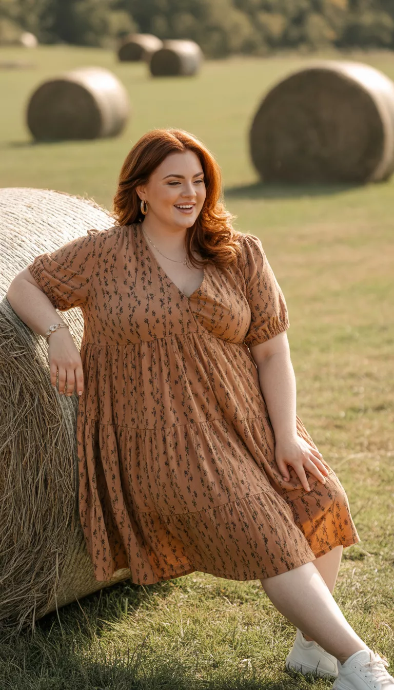 A beautiful curvy woman in a tiered rust-colored babydoll dress with a black tiny floral print and white sneakers, she poses outdoors near hay bales.