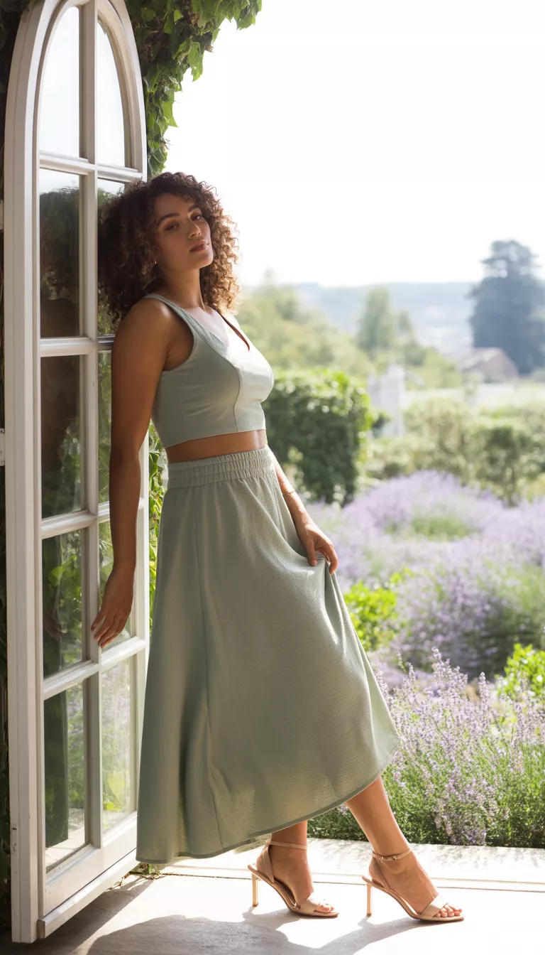 A beautiful curvy woman in a sage green crop top, a matching sage green midi skirt, and nude heeled sandals, she leans against a window outdoors.