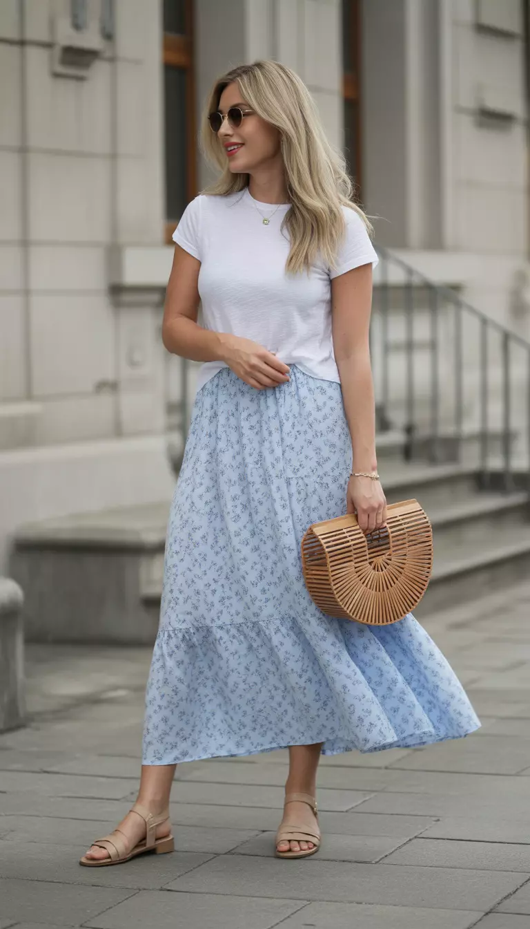 A beautiful woman in a white t-shirt, light blue floral maxi skirt, nude flat sandals, and a woven white handbag.