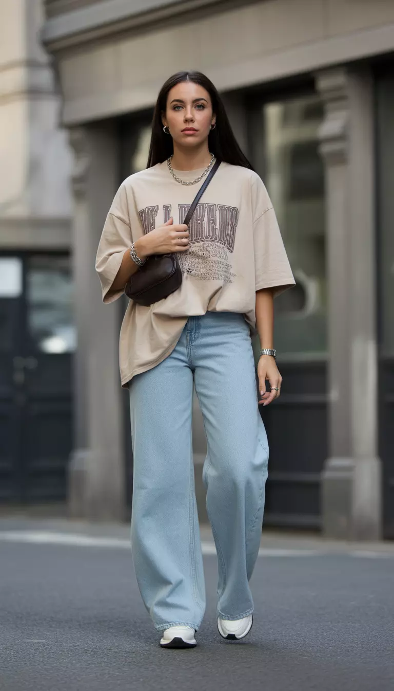 A beautiful woman in an oversized beige graphic t-shirt, light blue wide leg jeans, silver jewelry, and a dark crossbody bag.