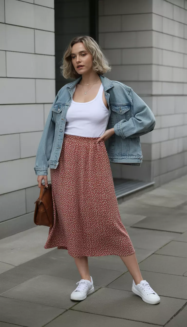 A beautiful woman in a white tank top, rust colored ditsy floral midi skirt, light blue denim jacket, and white sneakers.