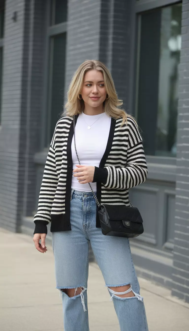 A beautiful woman in a white fitted top, medium wash relaxed fit ripped jeans, a black and white striped cardigan, and a black quilted crossbody bag.