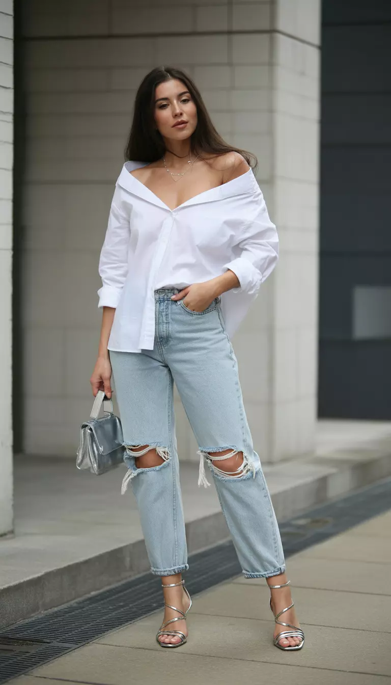 A beautiful woman in an off the shoulder white button up shirt, light wash distressed boyfriend jeans, and strappy metallic heels.
