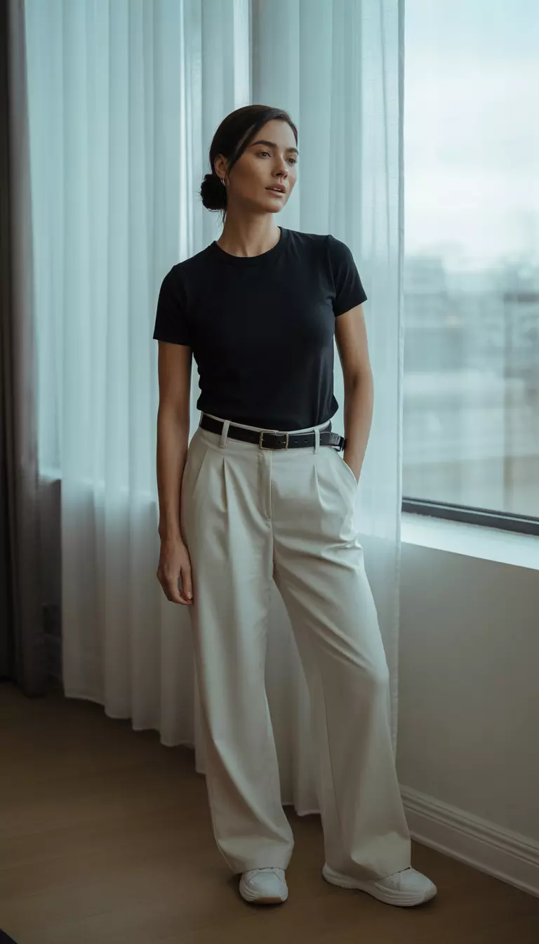 A beautiful woman in a black crewneck t-shirt, white wide leg trousers, a black leather belt, and white sneakers.