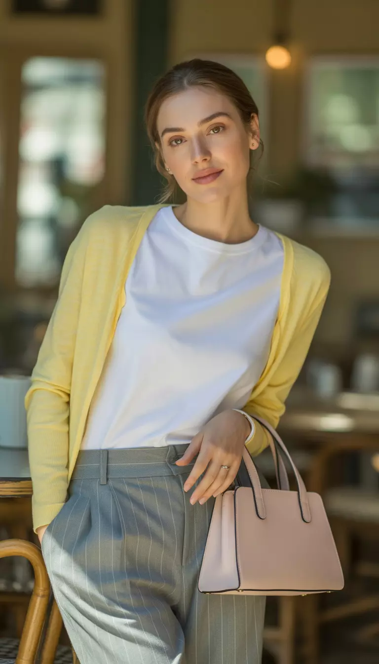 A beautiful woman in a white t-shirt, yellow cardigan, grey pinstripe trousers, and a pale pink handbag.