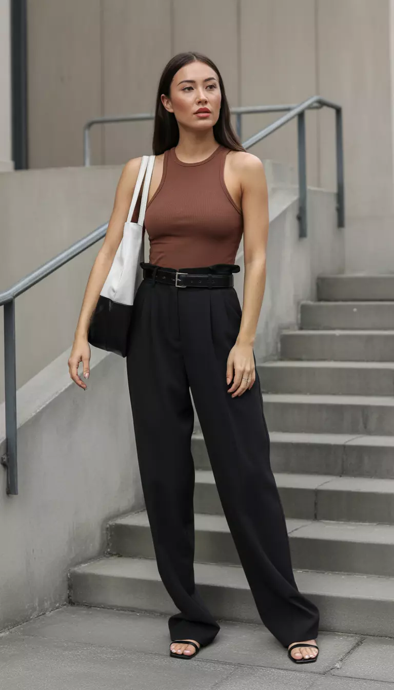 A beautiful woman in a brown sleeveless bodysuit, high waisted black paper bag trousers, a black belt, and a white and black shoulder bag.