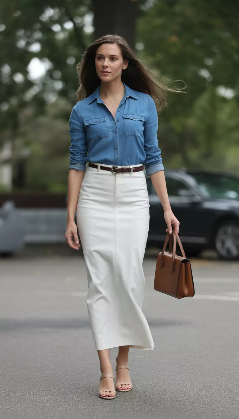 A beautiful woman in a blue denim shirt, dark leather belt, white fitted maxi skirt, brown handbag, and nude sandals.