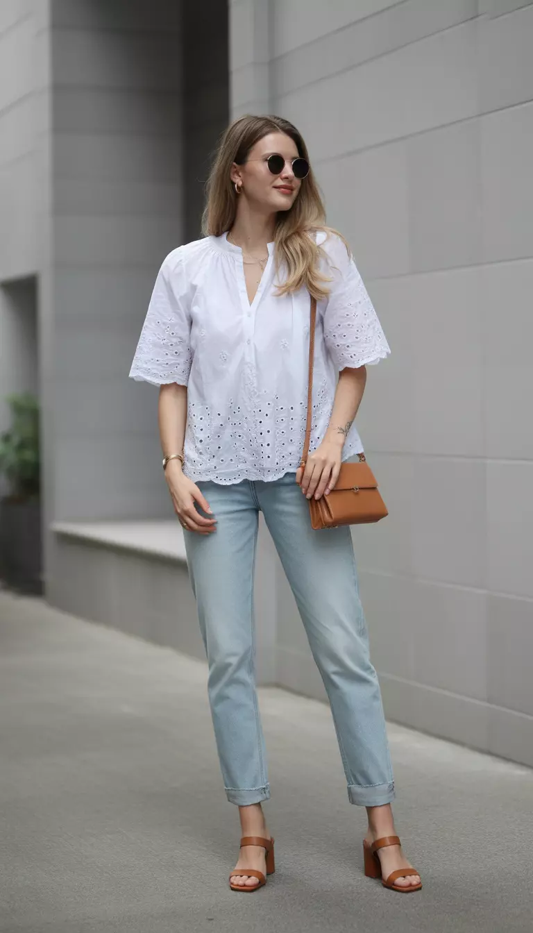 A beautiful woman in a white eyelet embroidered top, light wash slim fit jeans, tan block heeled sandals, and a small tan crossbody bag.