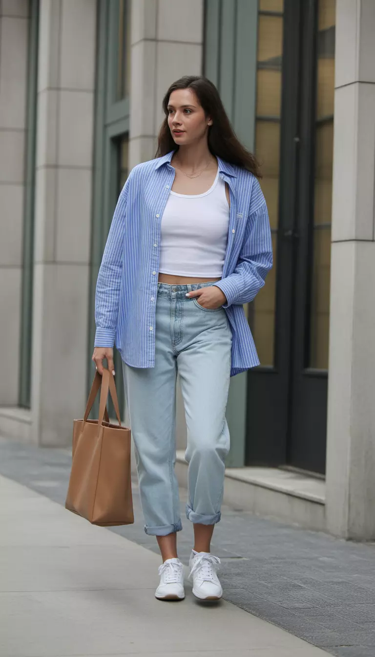A beautiful woman in a white tank top, blue and white pinstriped shirt, light wash cuffed jeans, white sneakers, and a tan tote bag.