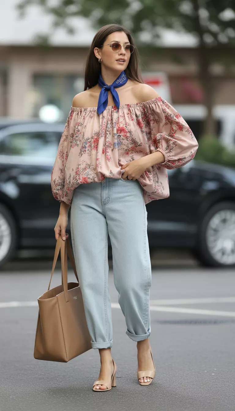 A beautiful woman in a floral voluminous blouse, light wash relaxed fit jeans cuffed at the ankle, a blue neck scarf, and a large beige tote bag.
