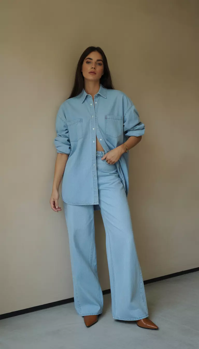 A beautiful woman in a light blue oversized denim shirt, light blue wide leg denim trousers, and brown pointed toe shoes.