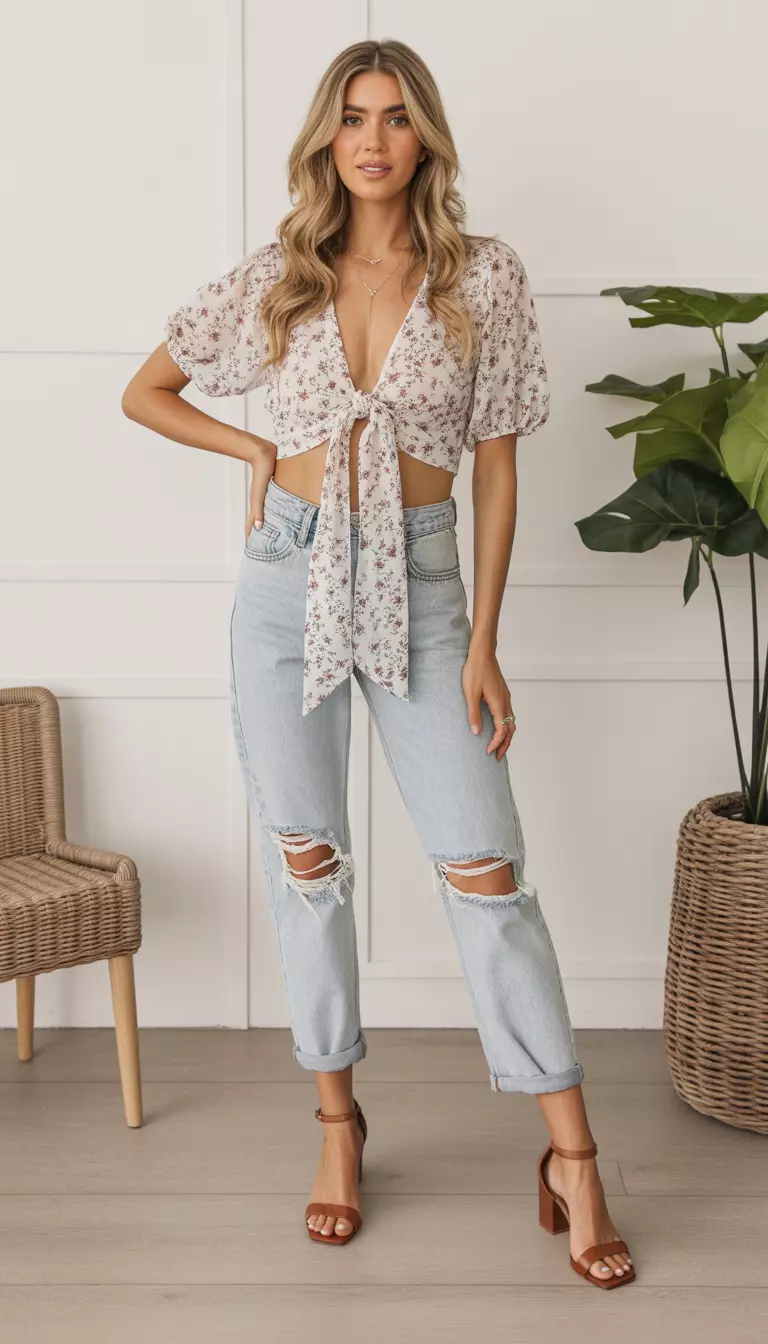 A beautiful woman in a white floral tie front top with short puff sleeves, light wash distressed cuffed jeans, and brown ankle strap heeled sandals.