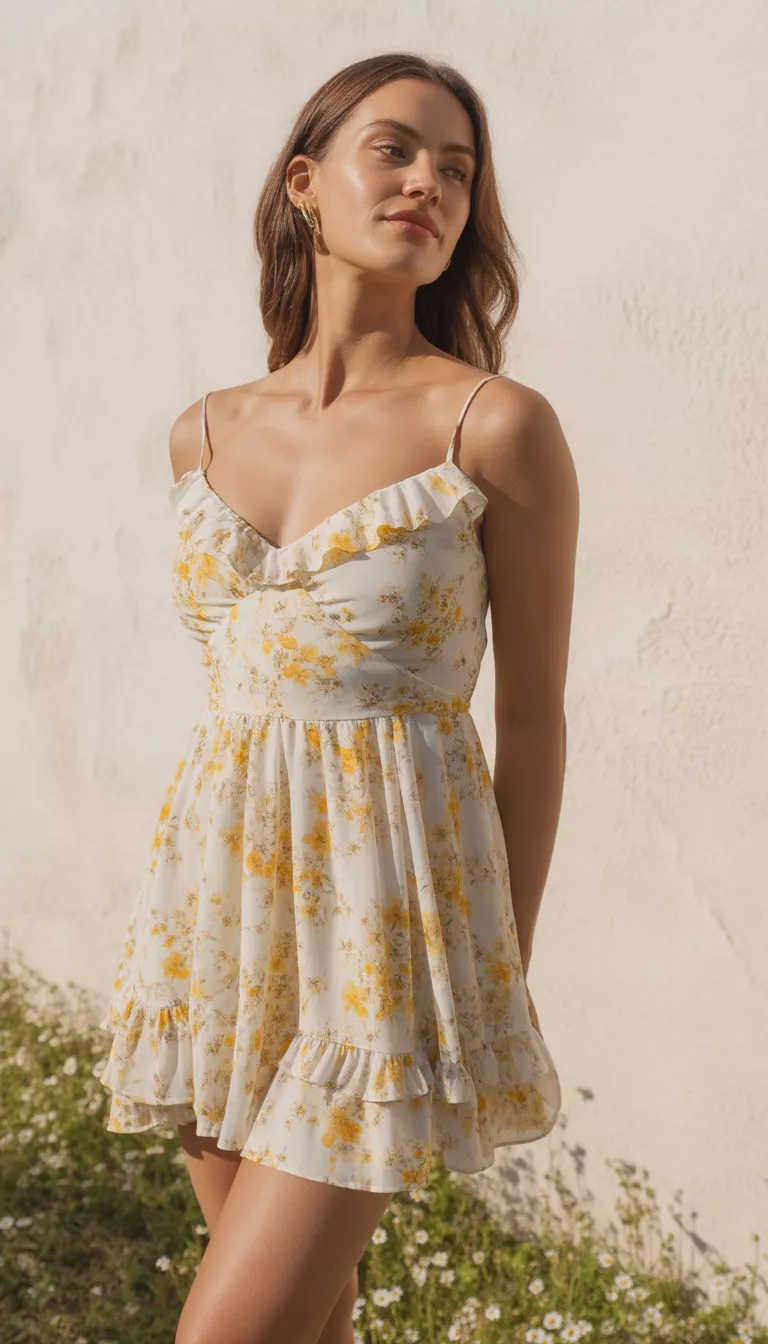 A beautiful woman in a white mini dress with a delicate yellow and orange floral print, she wears spaghetti straps and ruffles against a light outdoor wall.