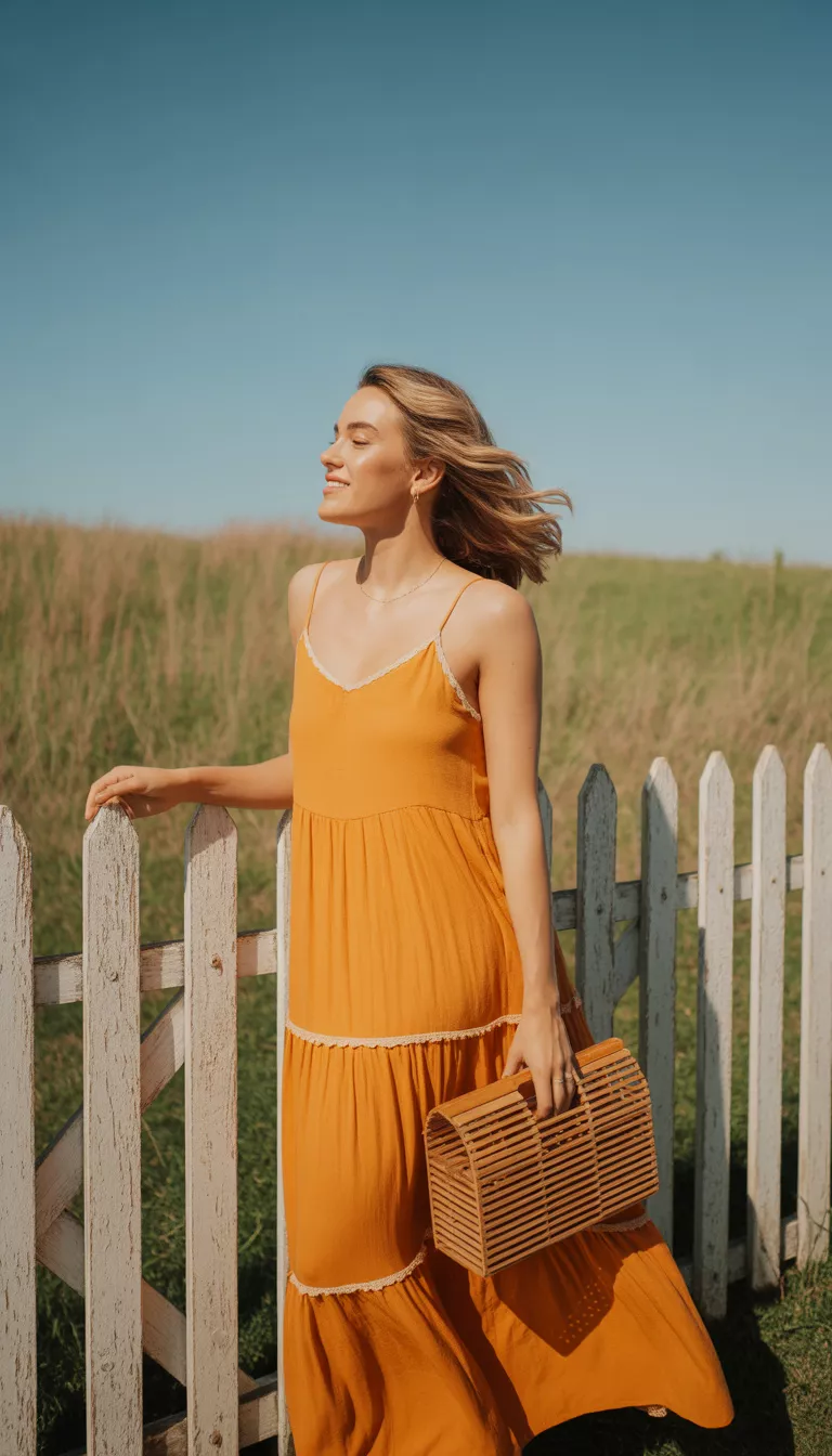 A beautiful woman in a bright orange tiered maxi dress with white trim and thin straps, she carries a wooden slat handbag near a white fence.