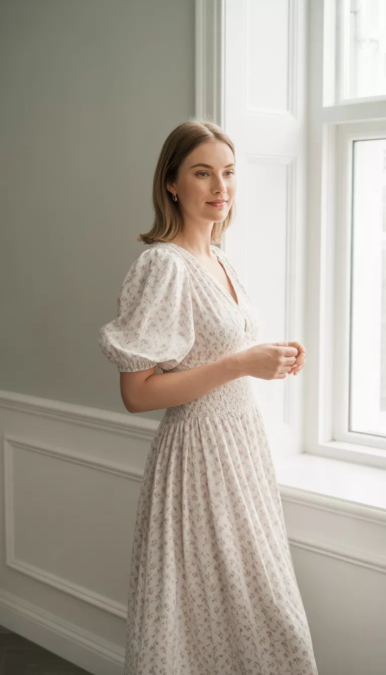 A beautiful woman in a white midi dress with pink floral print, puff sleeves, and a smocked waist, she stands in a modern room with white wainscoting.
