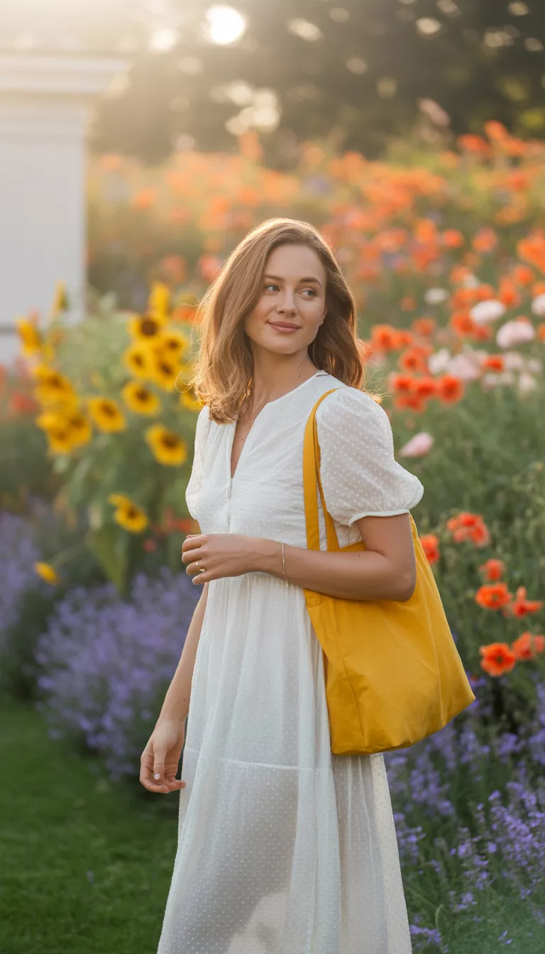 A beautiful woman in a white, slightly textured midi dress with short puff sleeves and a yellow tote bag, she stands before a vibrant flower bed.