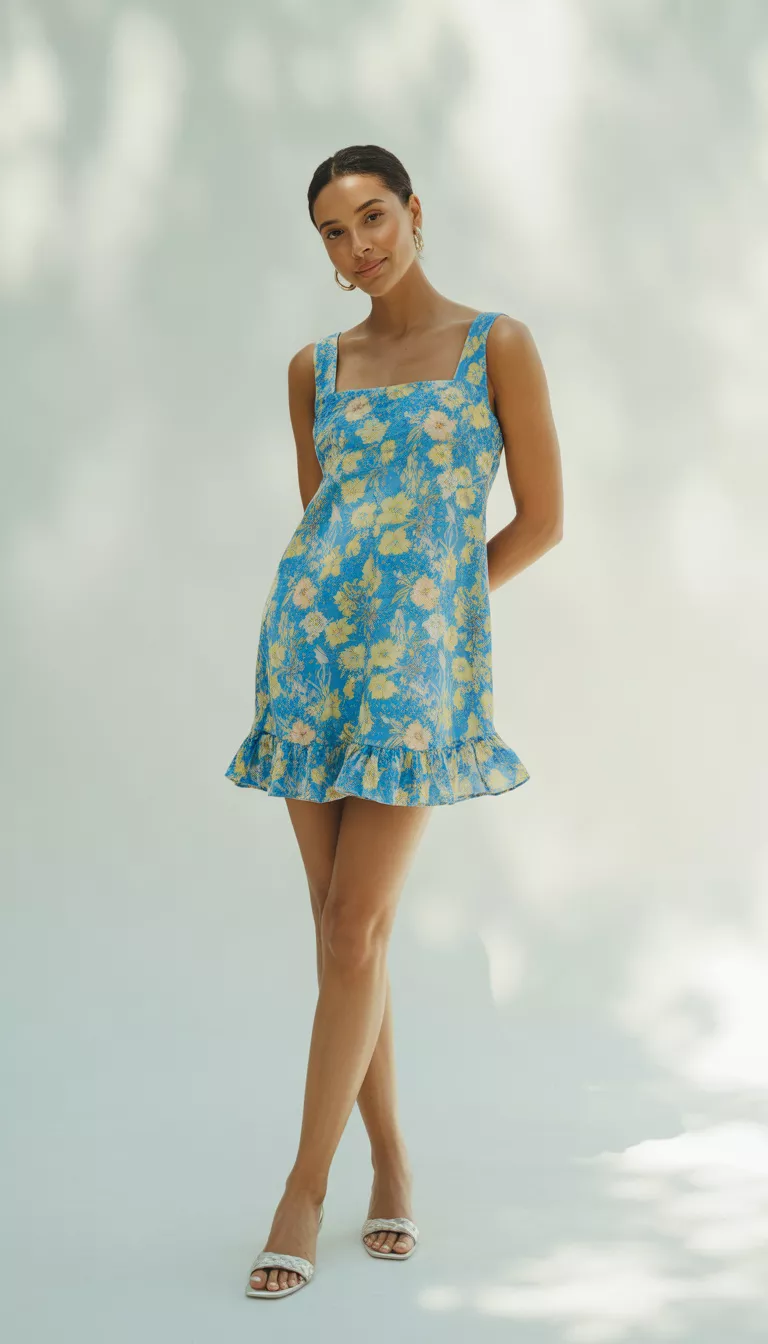 A beautiful woman in a blue and yellow floral mini dress with a square neckline and small ruffle hem, she wears white sandals against a white background.