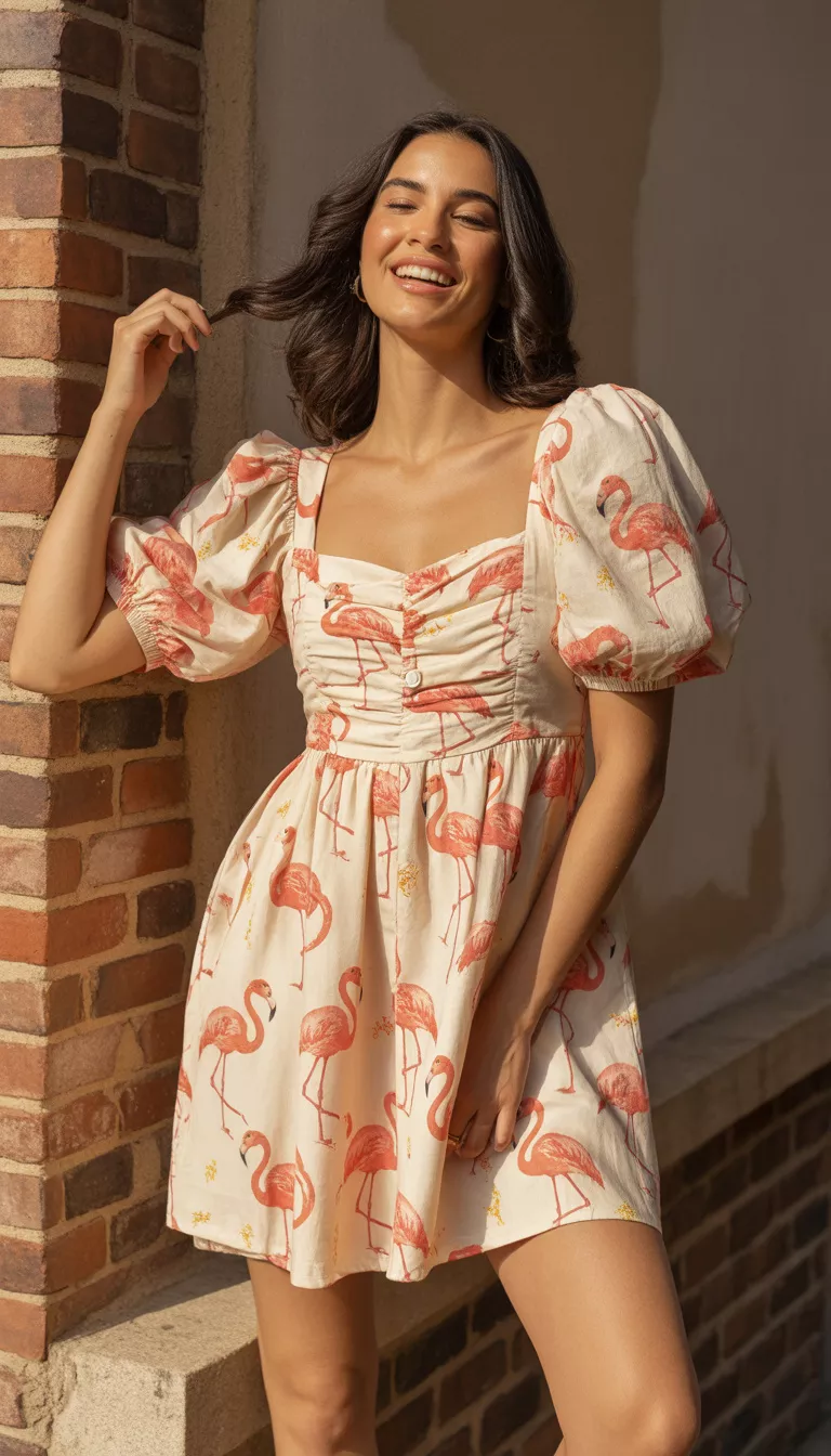 A beautiful woman in a short dress with a flamingo print on a cream background, featuring puff sleeves and a square neck, she stands near a brick wall.