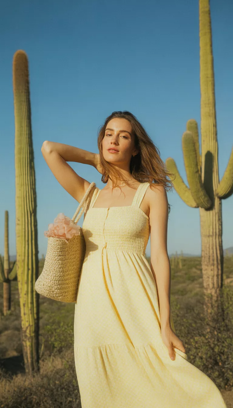 A beautiful woman in a long, light yellow summer dress with a smocked bodice, she carries a ruffled straw tote bag outdoors near cacti.