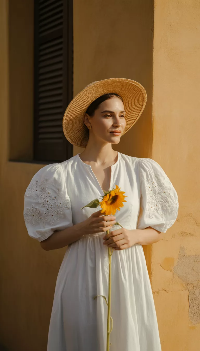 A beautiful woman in a white midi dress with dramatic puffed, embroidered sleeves and a straw sun hat, she stands in bright sunlight against a textured wall.