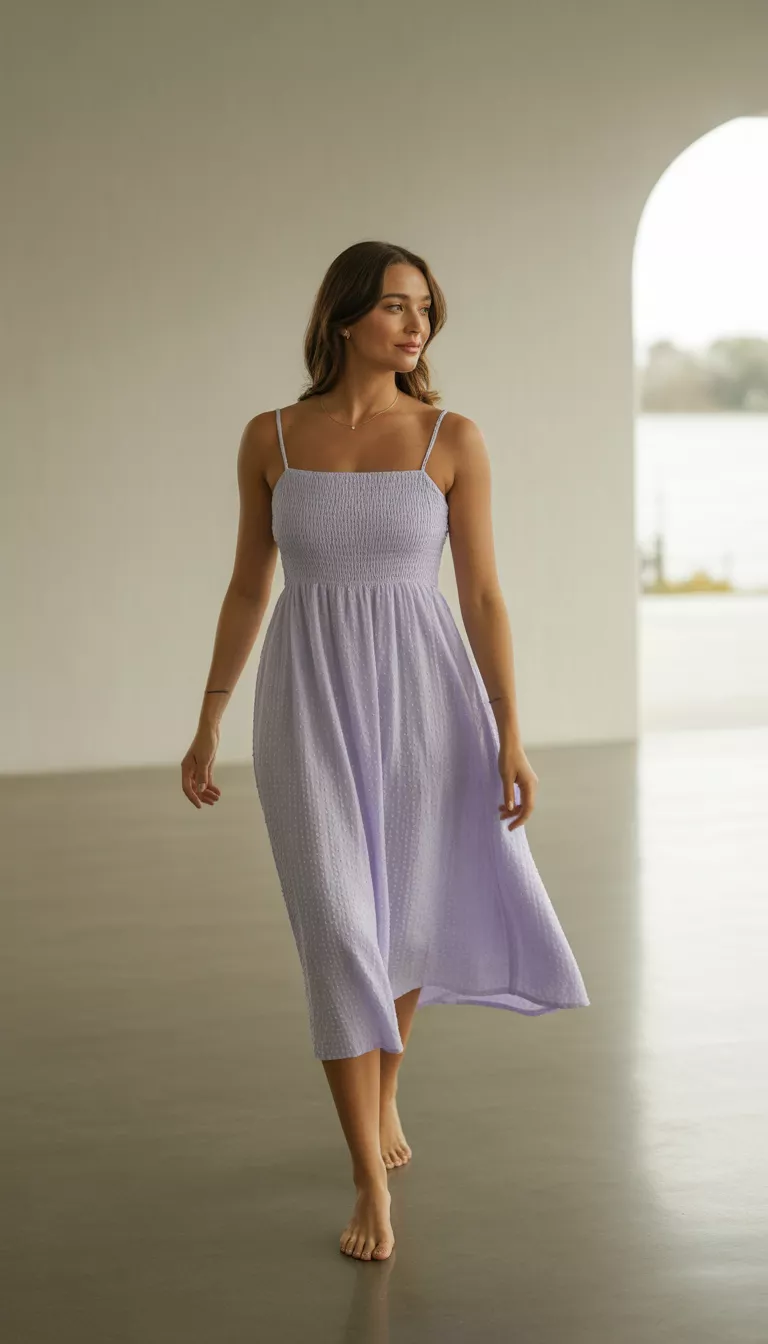 A beautiful woman in a light purple seersucker midi dress with a smocked bodice and spaghetti straps, she walks barefoot against a neutral indoor background.