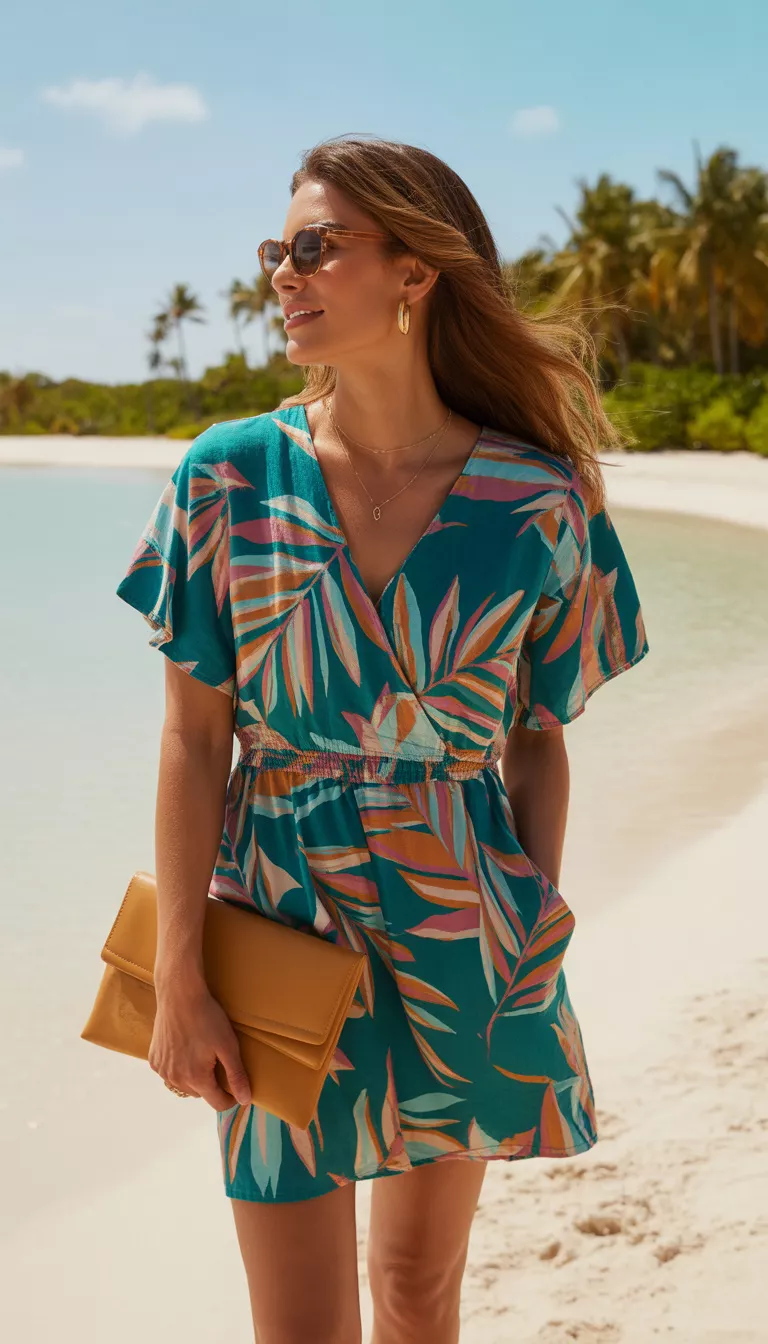 A beautiful woman in a short, V-neck dress with a bold teal, pink, and orange tropical leaf print, she holds a mustard clutch and wears sunglasses on a beach.