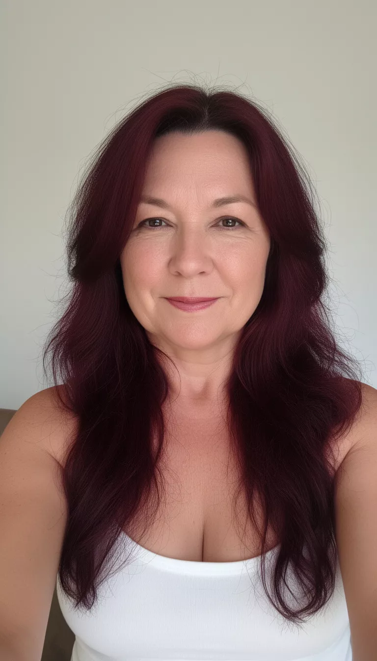 selfie of a 40-year-old woman wearing a white tank top with a dark rich burgundy colored long hairstyle, front view, minimal background