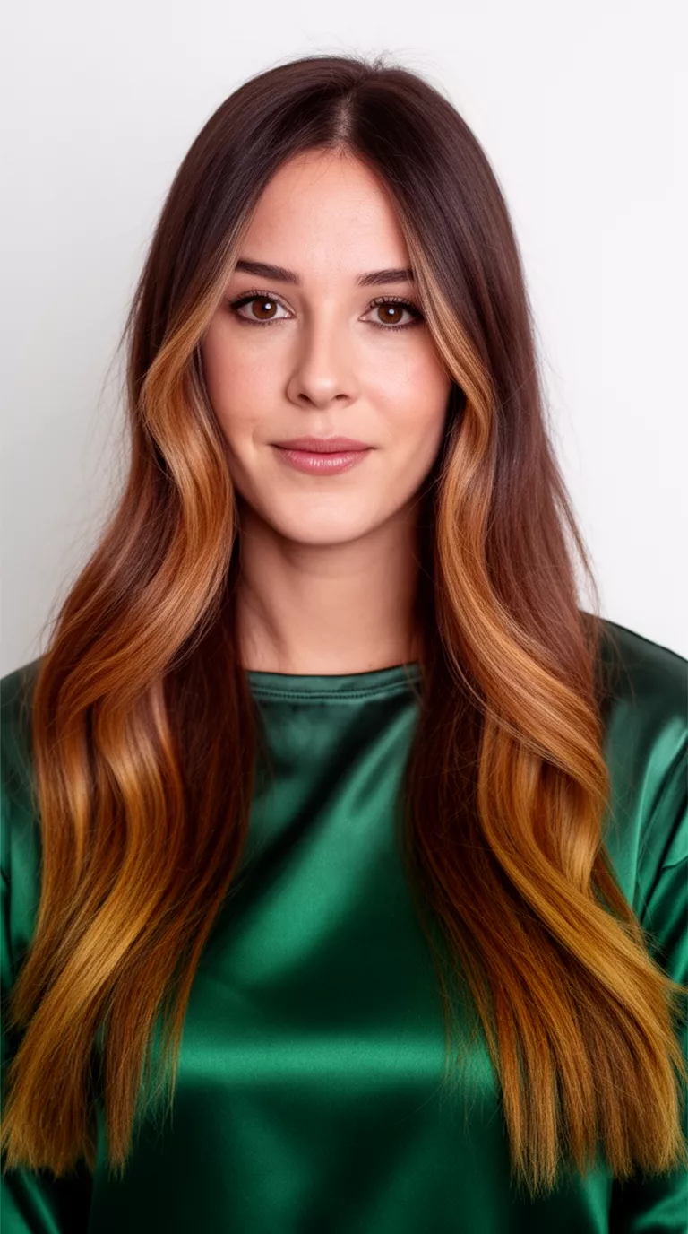 casual photo of a 33-year-old woman wearing a dark green satin top with a brown hair with caramel-toned balayage highlights colored long hairstyle, front view, minimal background